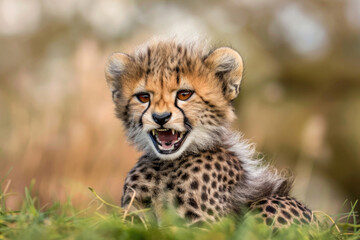 A hilarious close-up of a playful cheetah cub with a mischievous grin