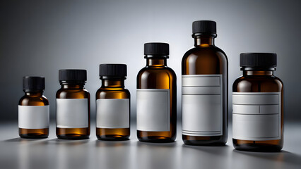 A row of empty and neatly arranged medical bottles.