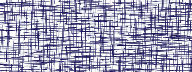 Blue pen ink crosshatch seamless pattern on white bg. Abstract texture with random lines. Vector illustration