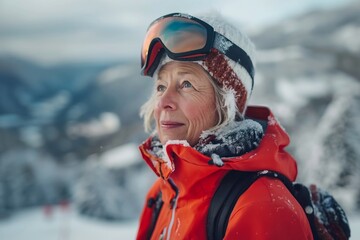 Winter Contemplation - Senior Woman Skier Amidst Snowflakes