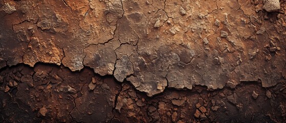 Overhead shot of terracotta-colored cracked soil creating a dramatic, textured pattern. - obrazy, fototapety, plakaty