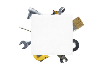 Clean paper surrounded by tools: brush, pliers, screwdriver, tape measure, adhesive tape, wrench. Ideal for text, logo promotion. Transparent, top view, flat lay composition. DIY concept