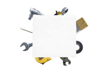 Clean paper surrounded by tools: brush, pliers, screwdriver, tape measure, adhesive tape, wrench. Ideal for text, logo promotion. Transparent, top view, flat lay composition. DIY concept