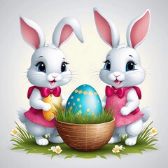 Vector cute two little bunnies with easter egg