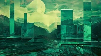 green and black areas of green in the foreground illustration landscape poster background