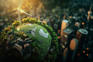 A windmill crowns a terrestrial plant globe, city in the background - obrazy, fototapety, plakaty