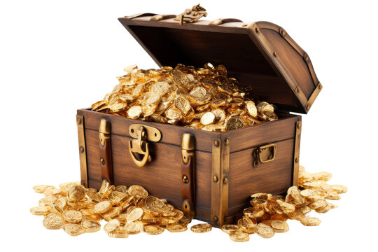 Wooden Trunk Filled With Gold Coins. On a White or Clear Surface PNG Transparent Background.