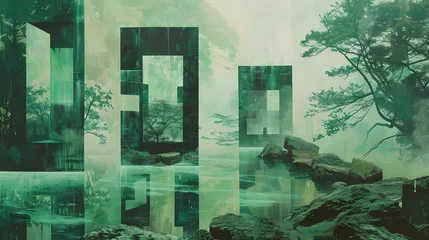 Zelfklevend Fotobehang green and black areas of green in the foreground illustration landscape poster background © jinzhen