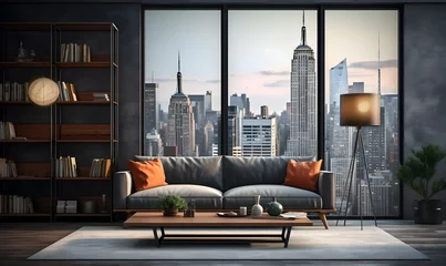 Blackout curtains United States Modern living room interior with night city view, sofa and coffee table. 3D Rendering