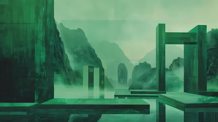 Schilderijen op glas green and black areas of green in the foreground illustration landscape poster background © jinzhen