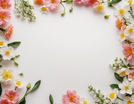 frame of spring flowers on a white background, mix of colorful flowers. Spring composition, Greeting card design for holiday, Mother's day, Easter, Valentine day. copy space. Flat lay, top view