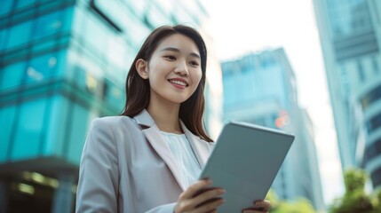 A young Asian businesswoman wearing a smile is holding a digital tablet computer. She appears to be a leader or entrepreneur, standing in the heart of a bustling city with the sky as her backdrop.