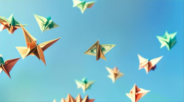 Paper cranes in a clear sky symbolize peace and freedom as they seem to fly, capturing the essence of origami art.