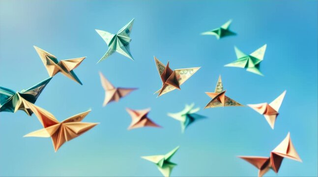 Paper cranes in a clear sky symbolize peace and freedom as they seem to fly, capturing the essence of origami art.
