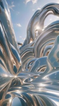 Reflective silver swirls twist against a bright sky, creating a futuristic and fluid sculpture with a sense of motion.