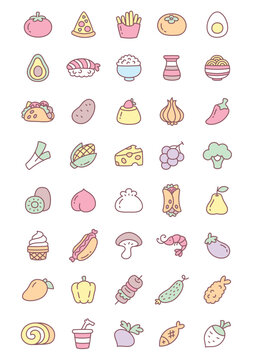 Naklejki Kawaii food icon set. Collection of cute hand drawn food stickers isolated on a white background. Vector 10 EPS.