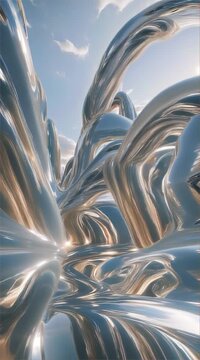 Reflective silver swirls twist against a bright sky, creating a futuristic and fluid sculpture with a sense of motion.