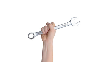 Transparent wrench in hand. Repair and service concept. Ideal for showcasing text or logo. Top view, flat lay composition
