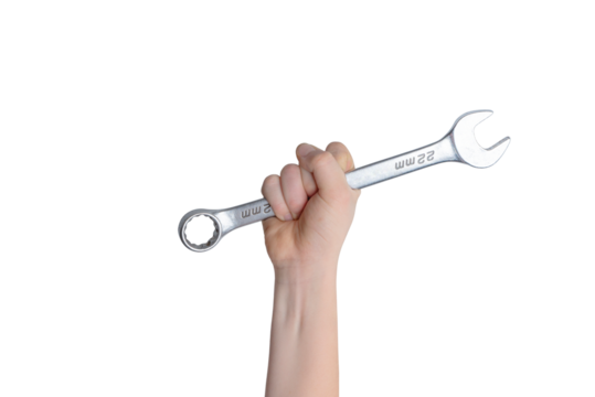 Transparent wrench in hand. Repair and service concept. Ideal for showcasing text or logo. Top view, flat lay composition