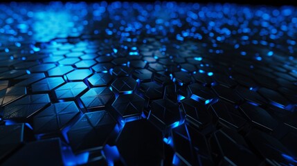 Obraz premium Close-up view of hexagonal pattern with blue neon lighting, giving a futuristic technology texture.