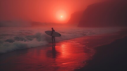 Silhouette Of surfer people carrying his surfboard on sunset beach. - obrazy, fototapety, plakaty