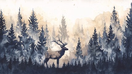 Watercolor painting of a deer in a misty forest