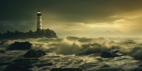 Fototapeta premium Lighthouse In Stormy Landscape - Leader And Vision Concept.