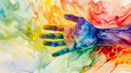Hand submerged in colorful watercolor - obrazy, fototapety, plakaty