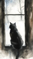 Cat gazing out of a winter window