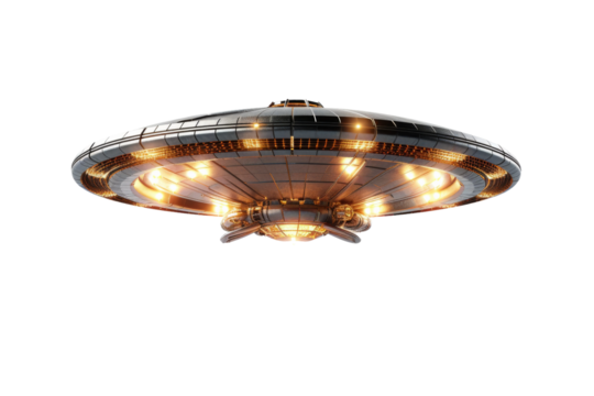 Large Flying Object With Glowing Lights. On a White or Clear Surface PNG Transparent Background.