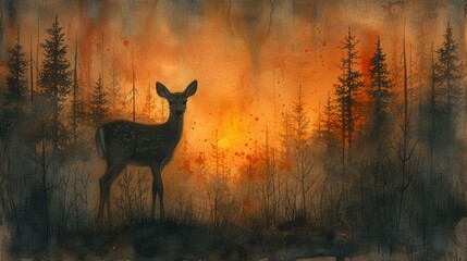 Artistic depiction of a deer in a mystical forest