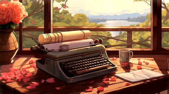 Typewriter desk overlooking with heirloom roses. Vintage old timey effects looping 4k video animation background