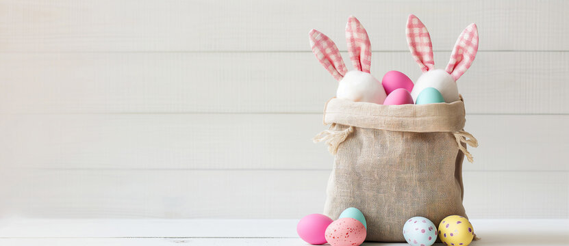 A cloth bag with bunny ears filled with colorful Easter eggs against a wooden backdrop. Holiday celebration and Easter concept. Festive minimalist banner with copy space.