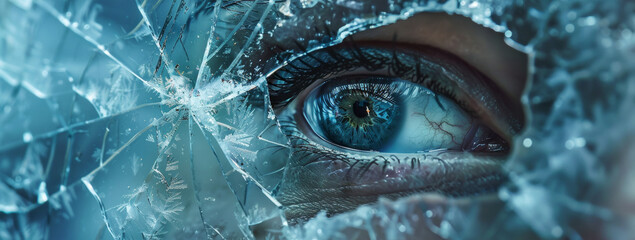Macro shot of a human eye with shattered glass effect - obrazy, fototapety, plakaty