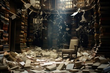 Ruined library at war zone. war destruction concept. solitary chair invites you to get lost in the pages of these countless volumes. Generative AI - obrazy, fototapety, plakaty