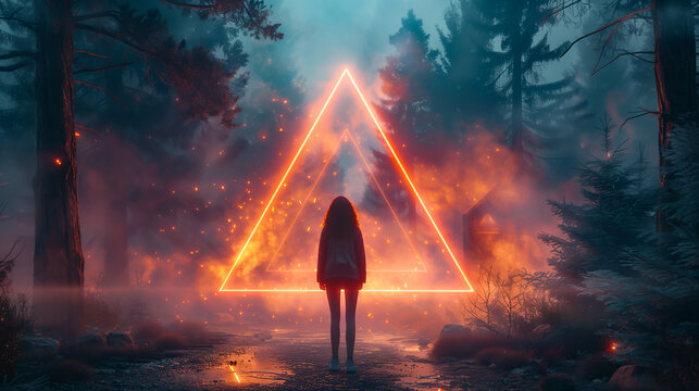 Mysterious paranormal abstract light objects appearing in the dark woods