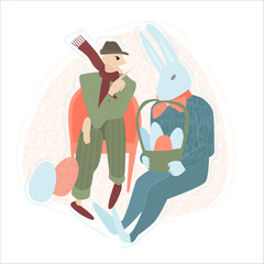 Vector illustration on a white isolated background with two men in a bunny costume and a classic suit with a basket of Easter eggs