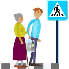 Man volunteer helping old woman carrying purchases and crossing road vector icon isolated on white
