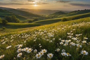 arafed field of daisies and other flowers in the foreground, meadows on hills. 