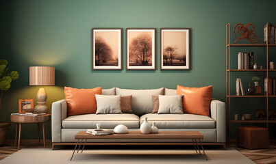Living room interior with sofa, coffee table and plants. 3d rendering