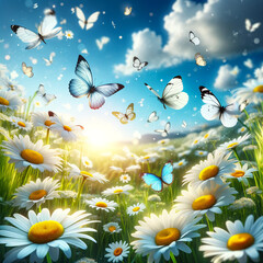 Fototapeta na wymiar Enchanted Spring Meadow: A Dance of Daisies and Butterflies