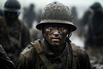 Obraz premium A soldier, covered head to toe in mud, stands resolute in the rain on a war-torn battlefield. Generative AI