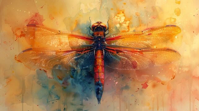 Artistic representation of a dragonfly with colorful watercolor background