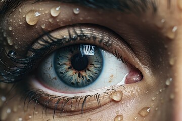 A close-up view of a persons eye with sparkling drops of water resting on the eyelashes, reflecting...