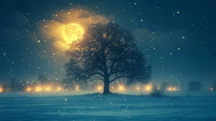 Foto op Canvas Winter night landscape with full moon and snowfall © cac_tus