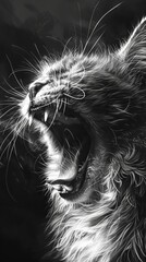Black and white portrayal of a cat yawning