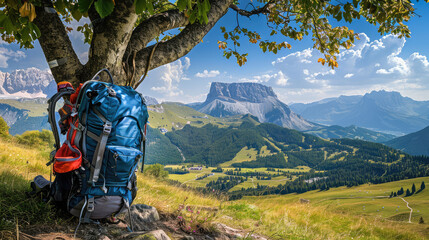 Tourist vacation spot with a large tourist backpack under a tree overlooking a mountain summer landscape. hiking concept