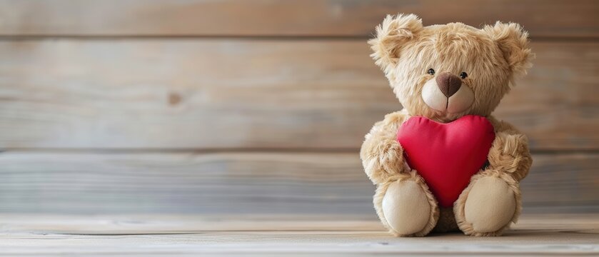 Bear plush holding red heart on rustic wooden table, sunlight. , with copy space for text.