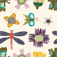 Butterfly and flower. seamless pattern animal and nature. watercolor vector illustration.