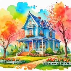 Watercolour, a cute house in the spring on a white background - obrazy, fototapety, plakaty